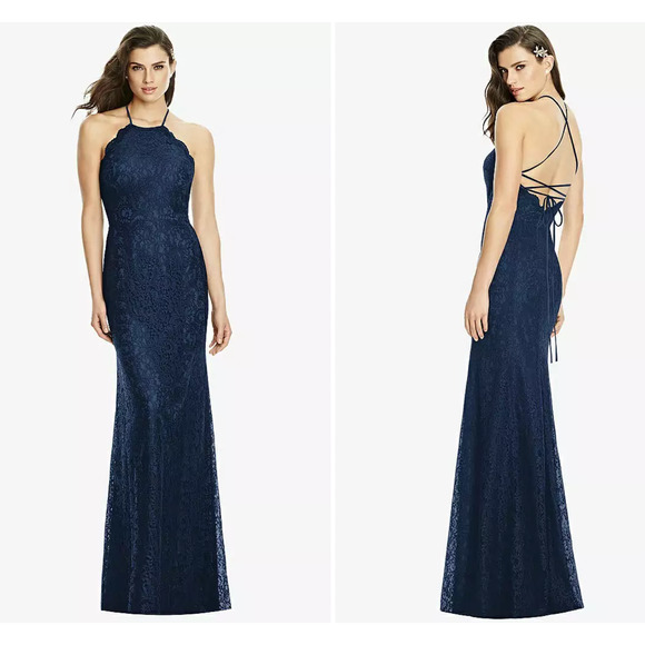 DESSY 2995 SIZE 16 HALTER CRISS CROSS OPEN-BACK LACE TRUMPET GOWN MIDNIGHT BLUE - Picture 1 of 5